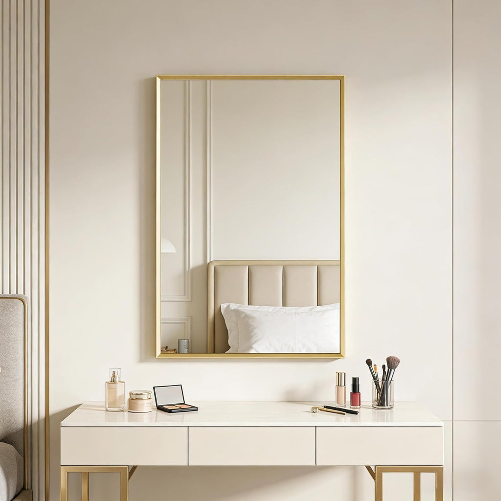 Transform Your Bathroom with the Elegant Brushed Gold Beveled Mirror - Perfectly Framed for Stylish Wall Mounting