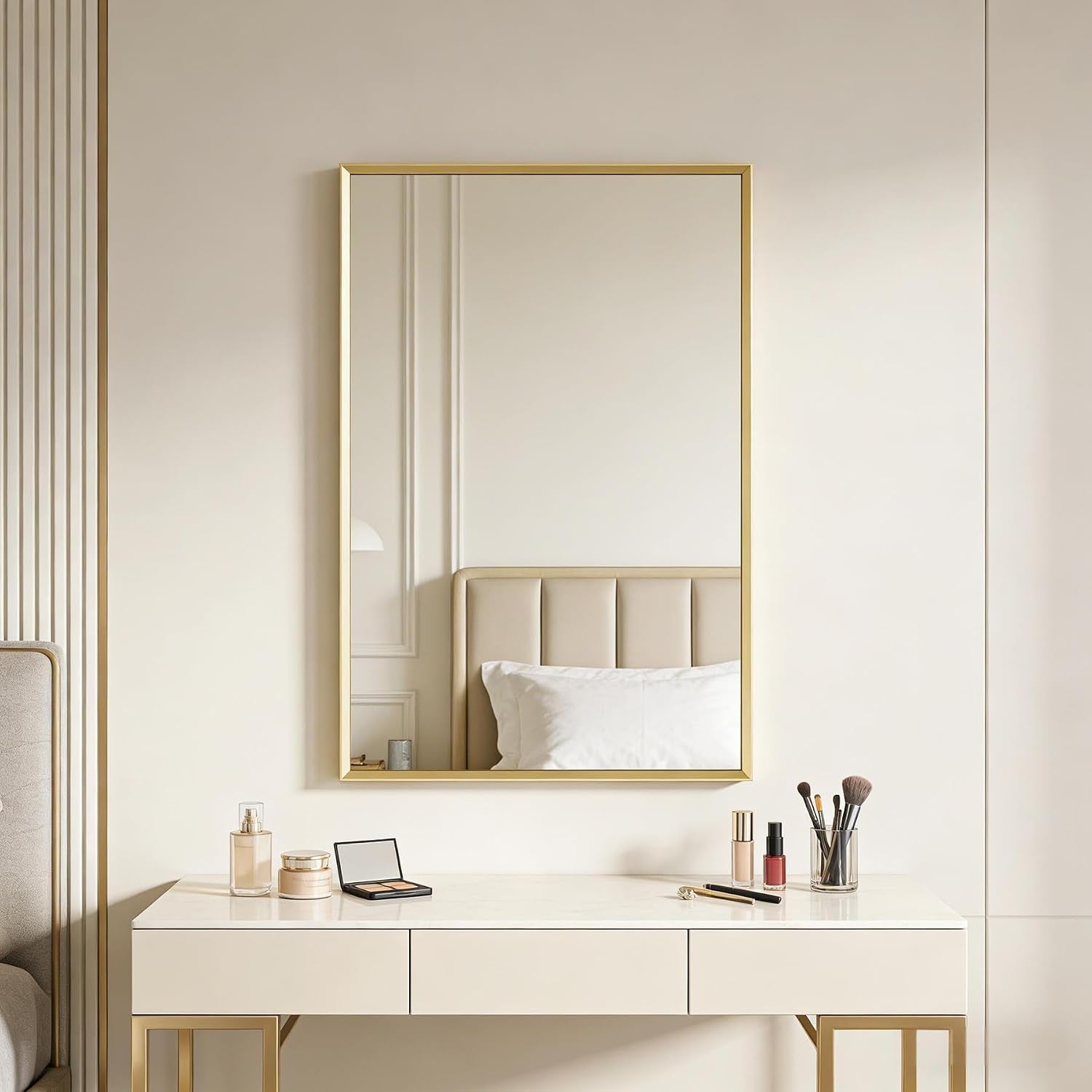 Transform Your Bathroom with the Elegant Brushed Gold Beveled Mirror - Perfectly Framed for Stylish Wall Mounting