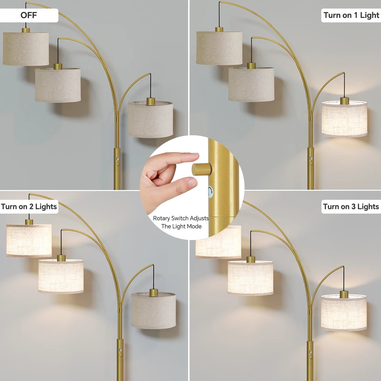 3 Lights Gold Arc Floor Lamps for Living Room, 78" Tall Standing Lamp with Hanging Drum Shade, Modern Arc Floor Lamps with Heavy Base, Mid Century Arched Tree Floor Lamp for Bedroom, Office