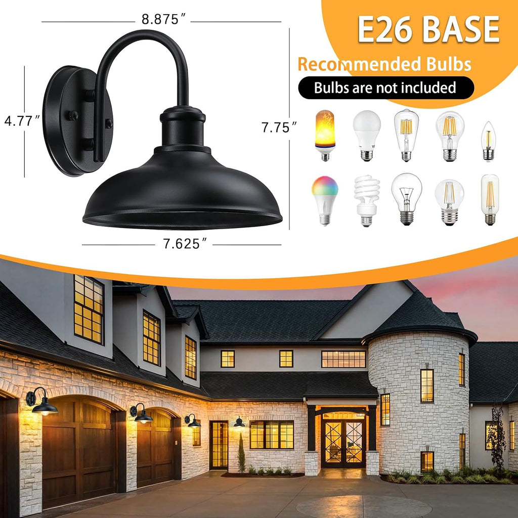 Stylish Gooseneck Outdoor Light Fixtures - 2-Pack Farmhouse Barn Lights for Your Porch, Garage, and Patio - Durable Black Wall Sconces with E26 Base