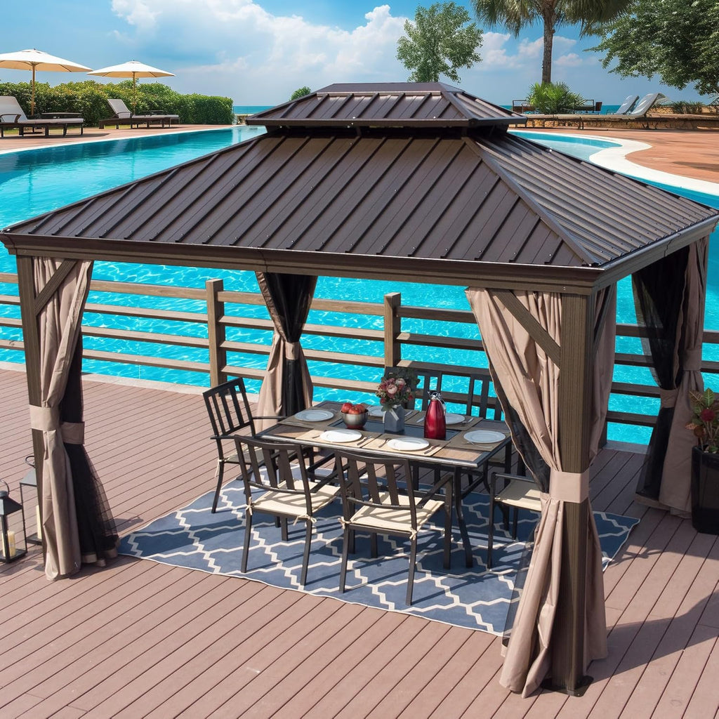 Transform Your Outdoor Space with the Alexander 10' x 12' Hardtop Gazebo - Durable Aluminum Frame & Galvanized Steel Roof with Curtains and Netting