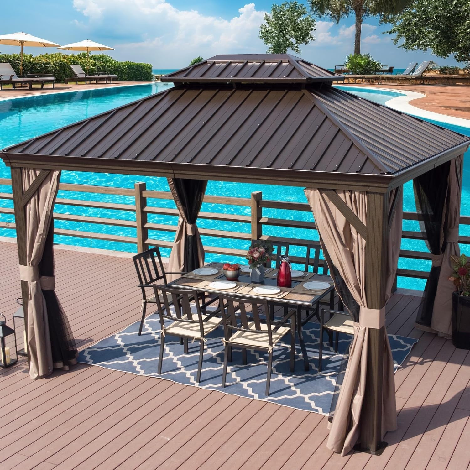 Transform Your Outdoor Space with the Alexander 10' x 12' Hardtop Gazebo - Durable Aluminum Frame & Galvanized Steel Roof with Curtains and Netting