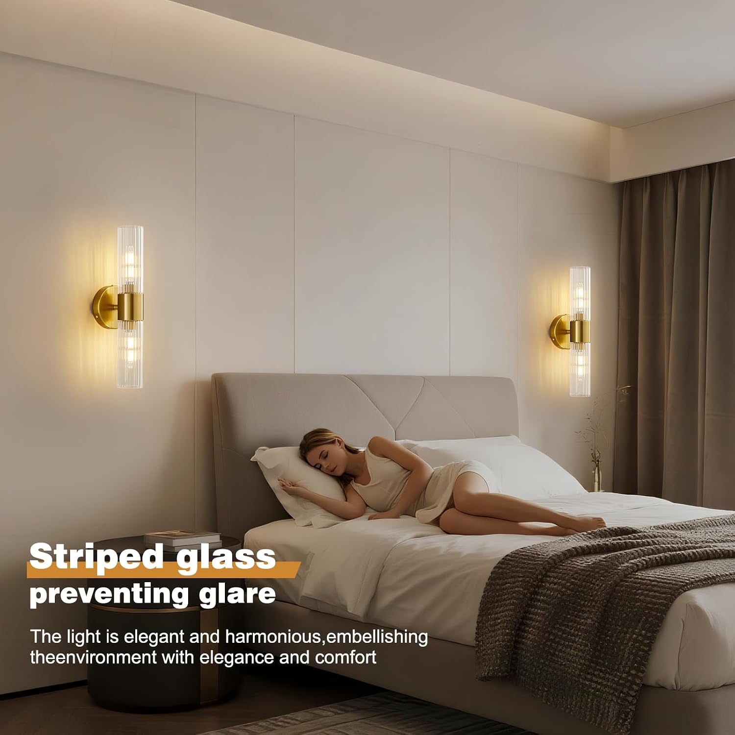 Wall Sconces Set of Two, Bathroom Light Fixtures 2-Light, Modern Vanity Light for Bathroom, Wall Light with Glass Rods Shades for Mirror Bedroom Hallway (Brushed Brass)
