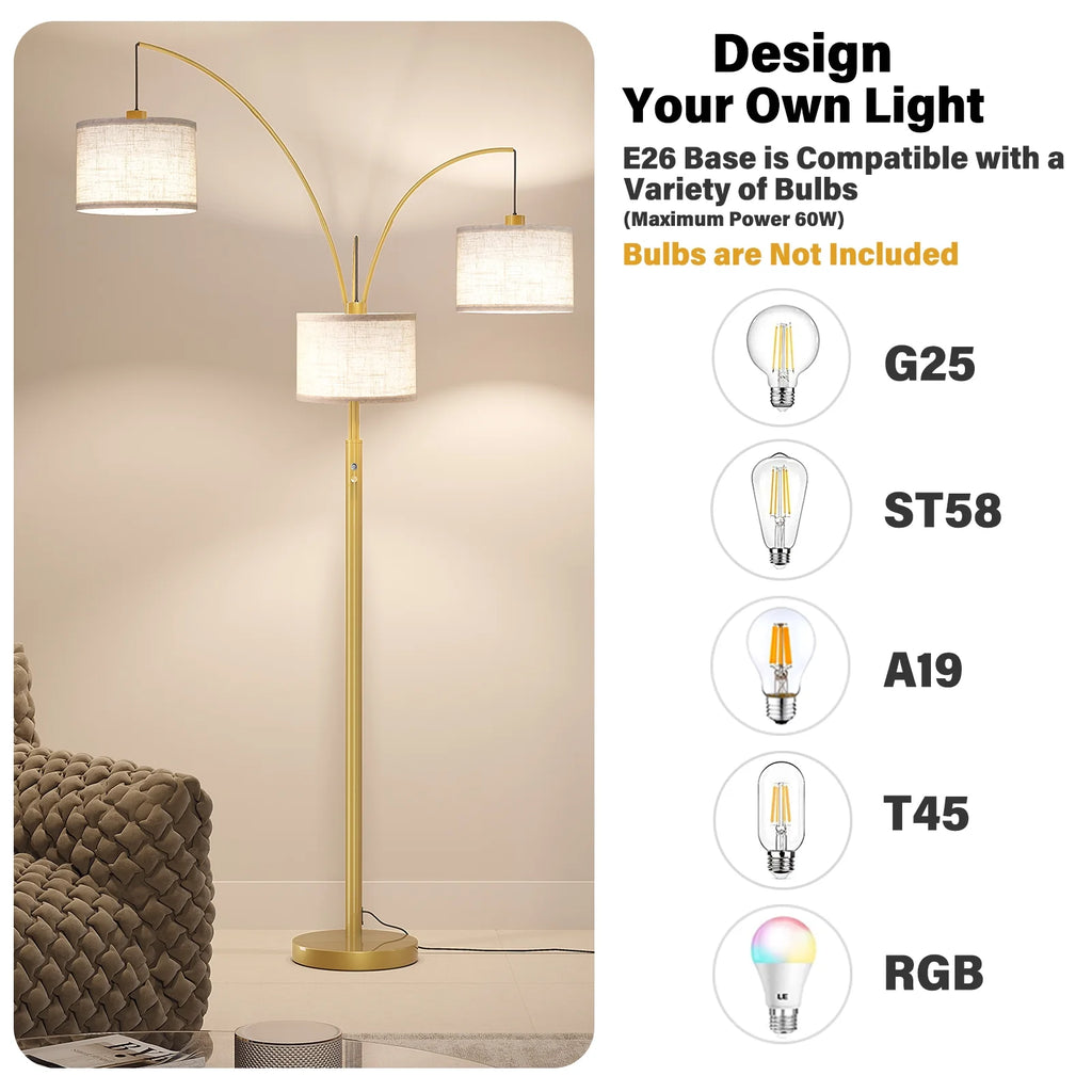 3 Lights Gold Arc Floor Lamps for Living Room, 78" Tall Standing Lamp with Hanging Drum Shade, Modern Arc Floor Lamps with Heavy Base, Mid Century Arched Tree Floor Lamp for Bedroom, Office