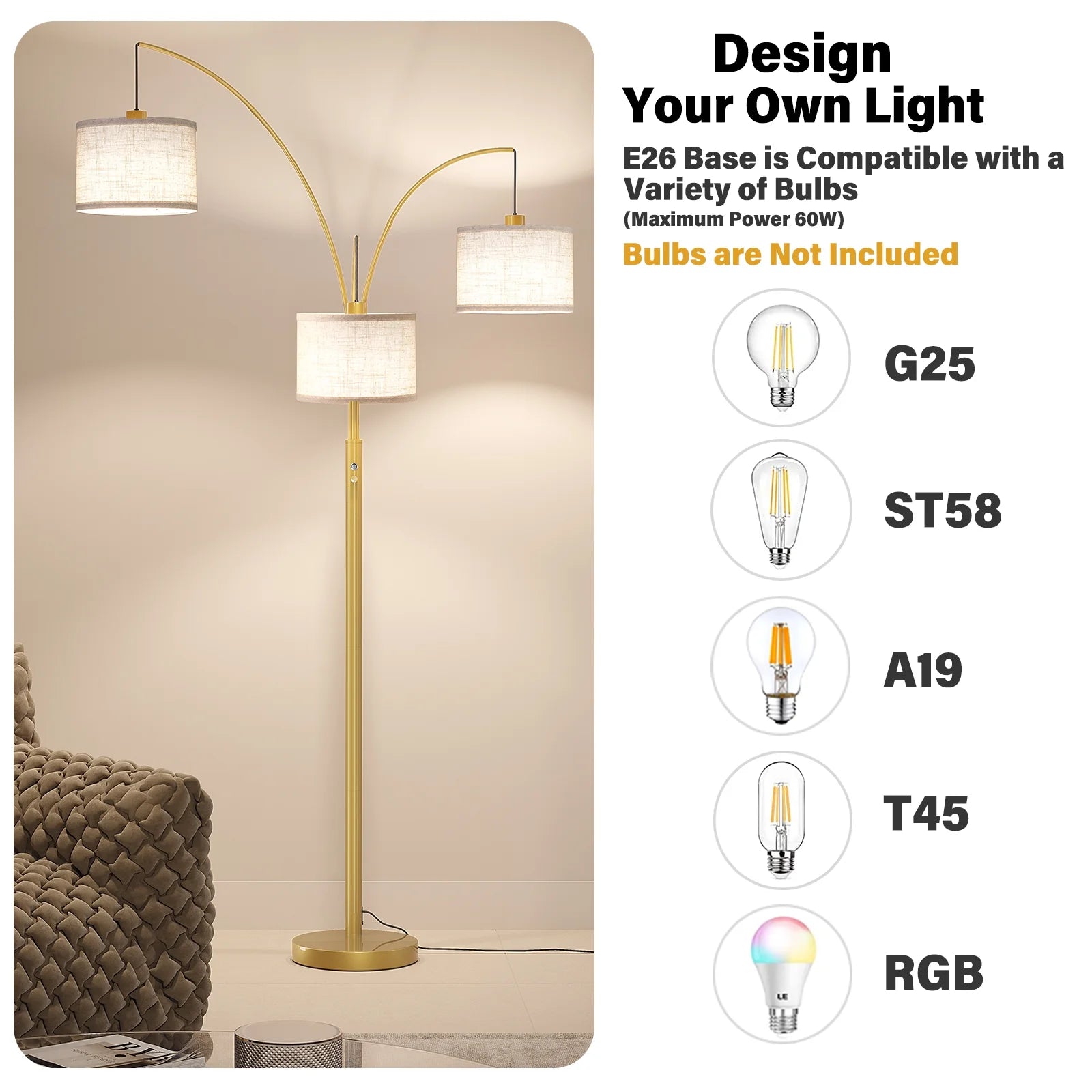3 Lights Gold Arc Floor Lamps for Living Room, 78" Tall Standing Lamp with Hanging Drum Shade, Modern Arc Floor Lamps with Heavy Base, Mid Century Arched Tree Floor Lamp for Bedroom, Office