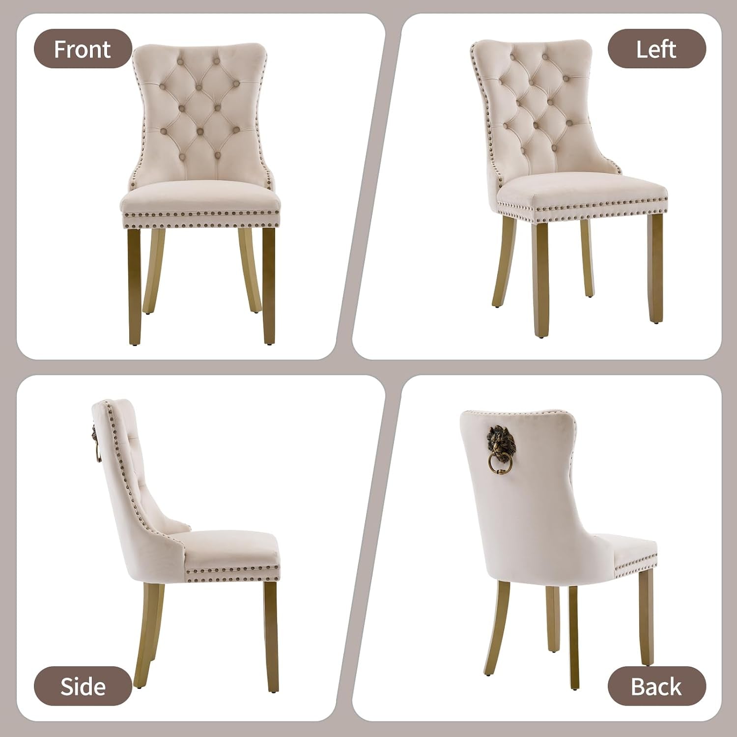 Elevate Your Dining Experience with Our Luxurious Beige Velvet Dining Chairs Set of 4 – Stylish Upholstered Design with Golden Wooden Legs and Elegant Lion Head Pulls