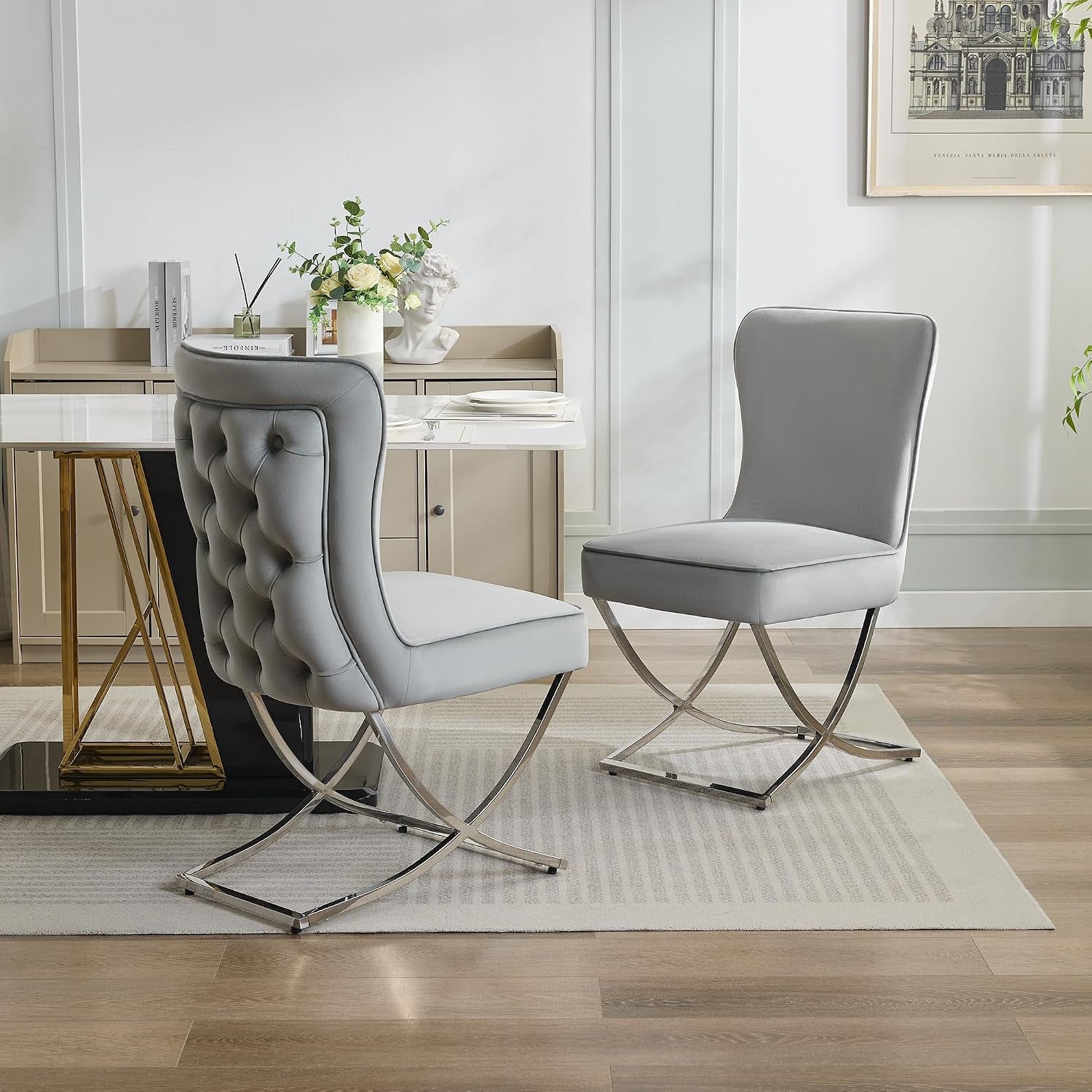 Elegant Light Grey Velvet Dining Chairs - Set of 2 with Stylish Silver X-Legs for Modern Glam Decor