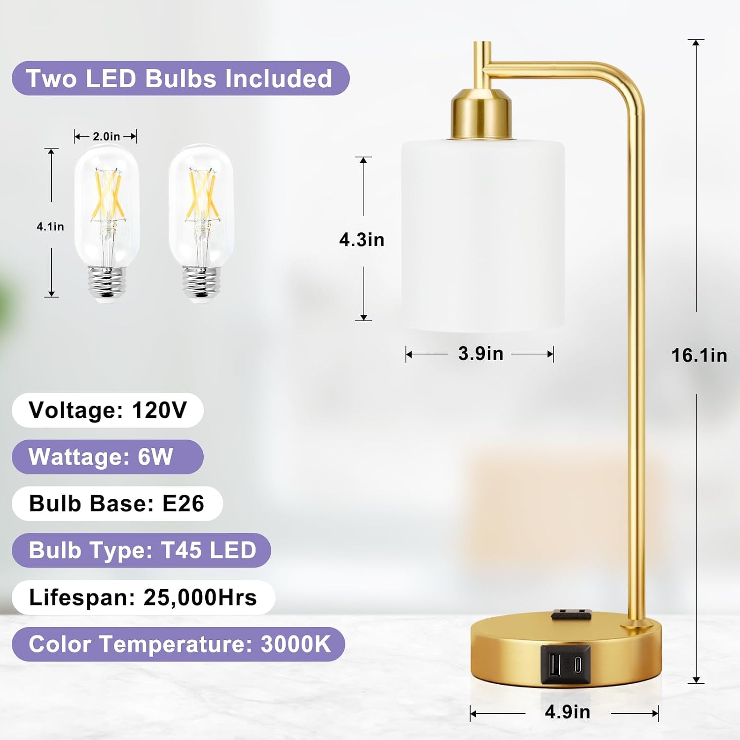 Industrial Gold Table Lamps for Bedrooms Set of 2-3-Way Dimmable Desk Lamp with USB C+A Ports and Outlet, Gold Lamps with Opal Glass Shade for Living Room, Desk Lamps for Home Office