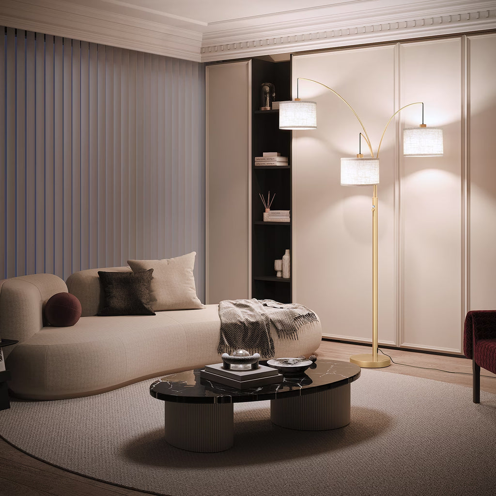 3 Lights Gold Arc Floor Lamps for Living Room, 78" Tall Standing Lamp with Hanging Drum Shade, Modern Arc Floor Lamps with Heavy Base, Mid Century Arched Tree Floor Lamp for Bedroom, Office