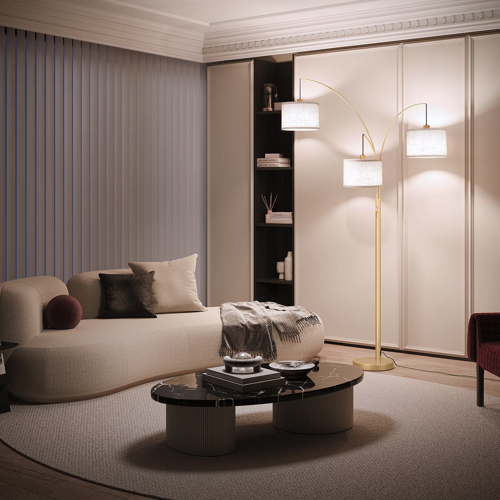 3 Lights Gold Arc Floor Lamps for Living Room, 78" Tall Standing Lamp with Hanging Drum Shade, Modern Arc Floor Lamps with Heavy Base, Mid Century Arched Tree Floor Lamp for Bedroom, Office