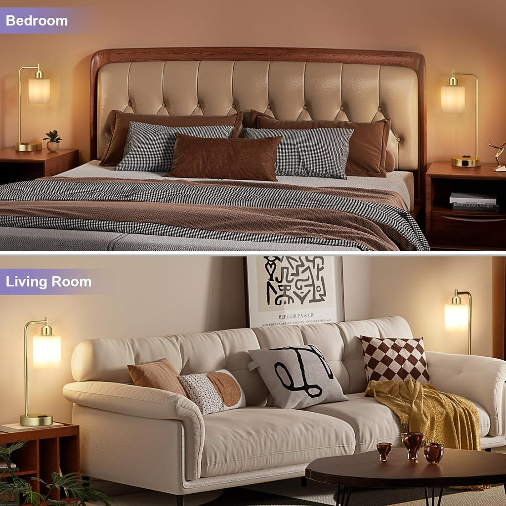 Industrial Gold Table Lamps for Bedrooms Set of 2-3-Way Dimmable Desk Lamp with USB C+A Ports and Outlet, Gold Lamps with Opal Glass Shade for Living Room, Desk Lamps for Home Office