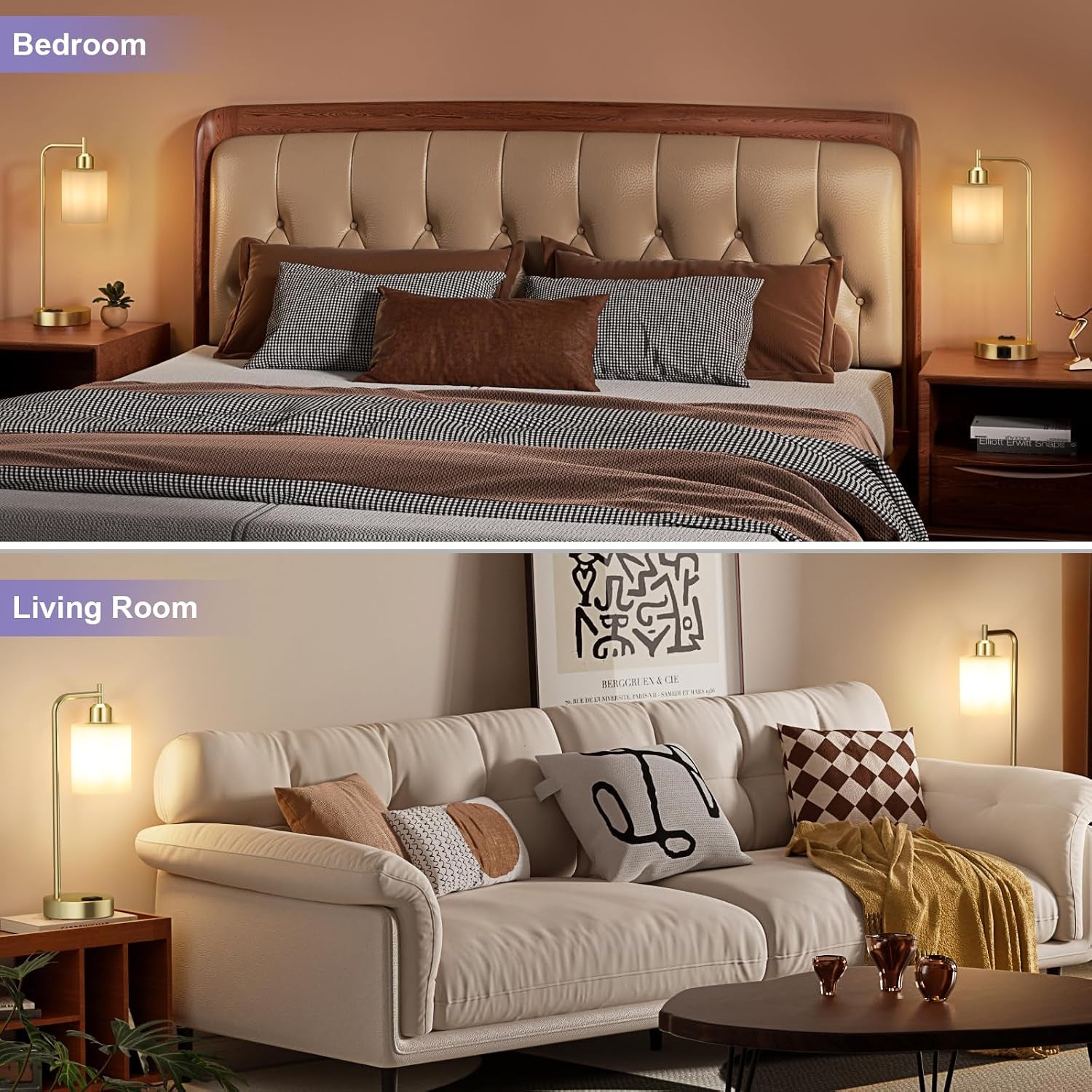 Industrial Gold Table Lamps for Bedrooms Set of 2-3-Way Dimmable Desk Lamp with USB C+A Ports and Outlet, Gold Lamps with Opal Glass Shade for Living Room, Desk Lamps for Home Office