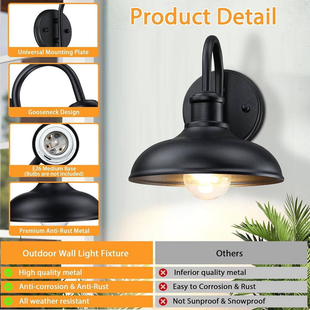 Stylish Gooseneck Outdoor Light Fixtures - 2-Pack Farmhouse Barn Lights for Your Porch, Garage, and Patio - Durable Black Wall Sconces with E26 Base