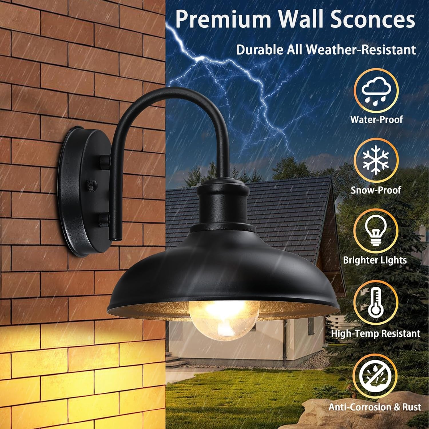 Stylish Gooseneck Outdoor Light Fixtures - 2-Pack Farmhouse Barn Lights for Your Porch, Garage, and Patio - Durable Black Wall Sconces with E26 Base
