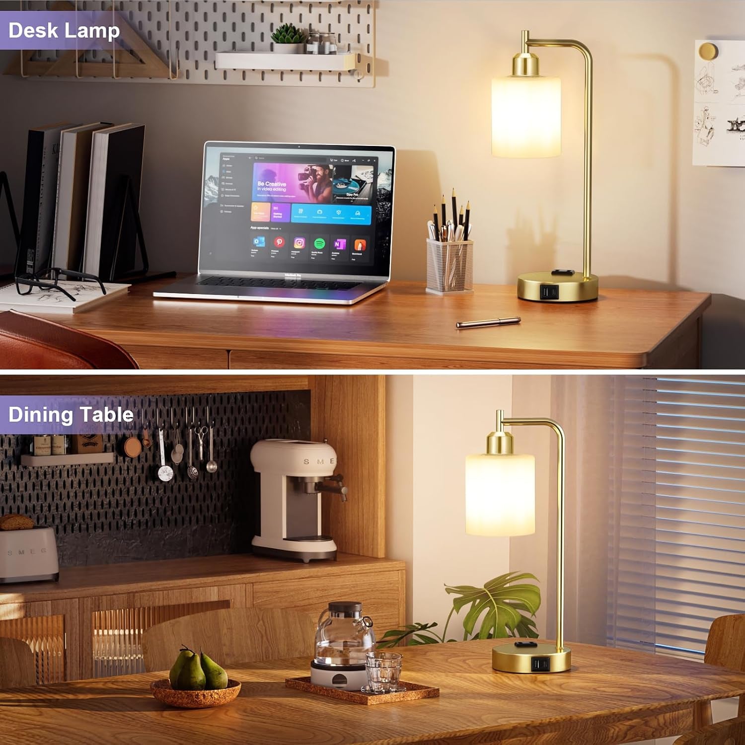 Industrial Gold Table Lamps for Bedrooms Set of 2-3-Way Dimmable Desk Lamp with USB C+A Ports and Outlet, Gold Lamps with Opal Glass Shade for Living Room, Desk Lamps for Home Office