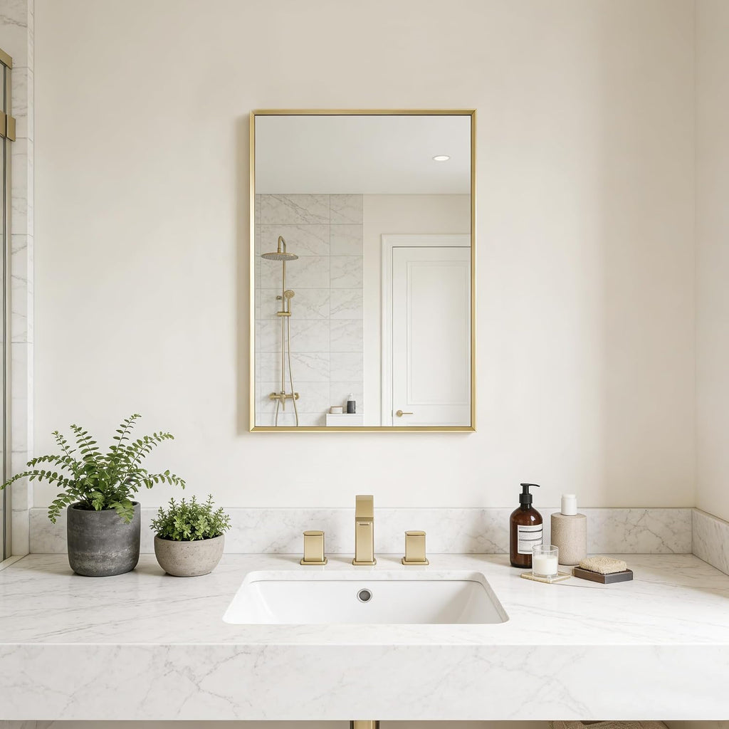 Transform Your Bathroom with the Elegant Brushed Gold Beveled Mirror - Perfectly Framed for Stylish Wall Mounting