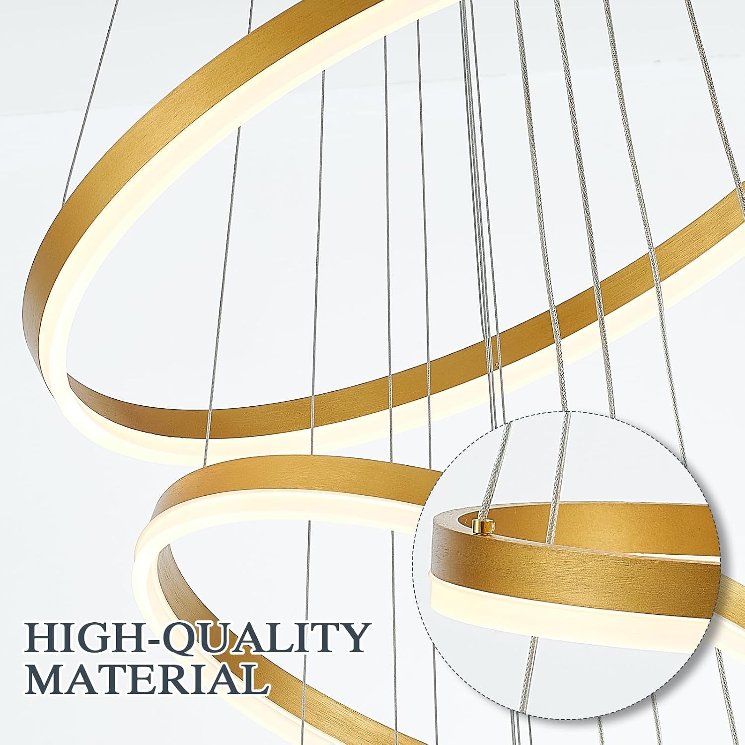 Stunning 5-Ring Gold LED Chandelier - Modern Dimmable Pendant Light Fixture with Remote Control for High Ceilings in Entryway, Living Room, and Staircase