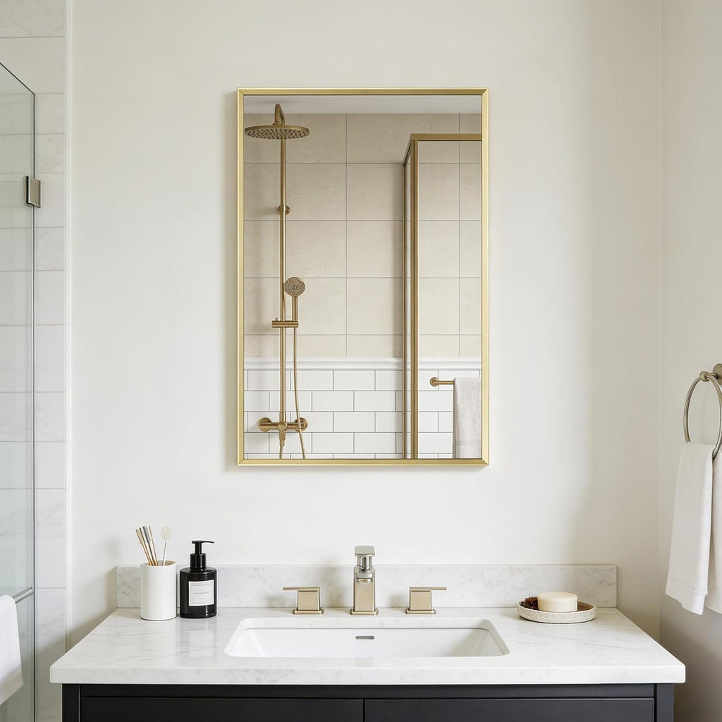 Transform Your Bathroom with the Elegant Brushed Gold Beveled Mirror - Perfectly Framed for Stylish Wall Mounting