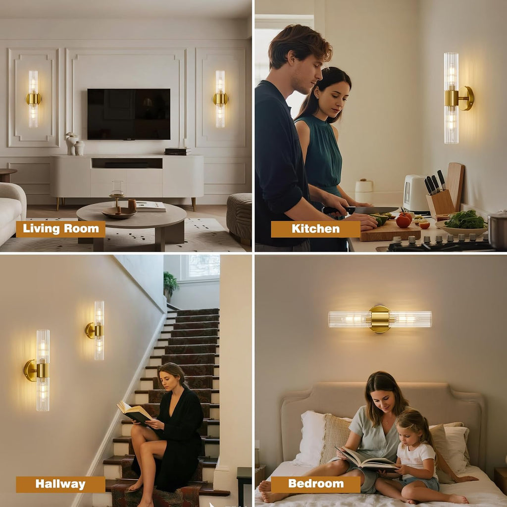 Wall Sconces Set of Two, Bathroom Light Fixtures 2-Light, Modern Vanity Light for Bathroom, Wall Light with Glass Rods Shades for Mirror Bedroom Hallway (Brushed Brass)