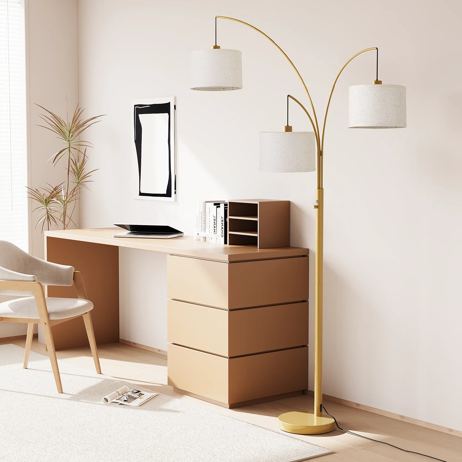 3 Lights Gold Arc Floor Lamps for Living Room, 78" Tall Standing Lamp with Hanging Drum Shade, Modern Arc Floor Lamps with Heavy Base, Mid Century Arched Tree Floor Lamp for Bedroom, Office