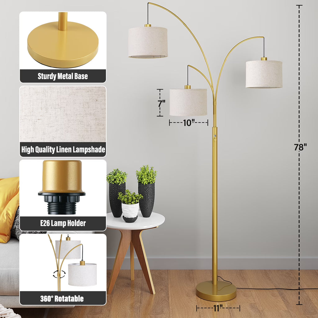 3 Lights Gold Arc Floor Lamps for Living Room, 78" Tall Standing Lamp with Hanging Drum Shade, Modern Arc Floor Lamps with Heavy Base, Mid Century Arched Tree Floor Lamp for Bedroom, Office