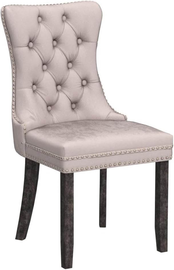 Elegant Velvet Dining Chairs Set of 4 - Luxurious Upholstered Kitchen & Dining Room Seating with High Wing Back, Nailhead Trim, and Stylish Metal Pull Ring in Beige