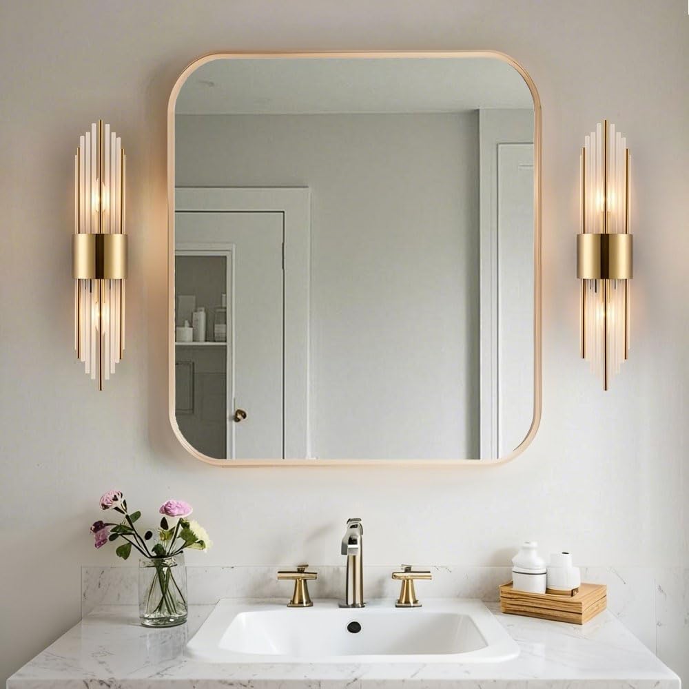 Elevate Your Space with the Luxurious 2-Light Modern Crystal Wall Sconces in Titanium Gold and Frosted Glass - Perfect for Any Room!