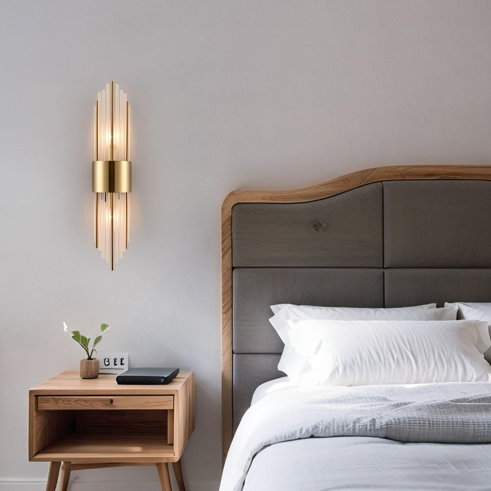 Elevate Your Space with the Luxurious 2-Light Modern Crystal Wall Sconces in Titanium Gold and Frosted Glass - Perfect for Any Room!