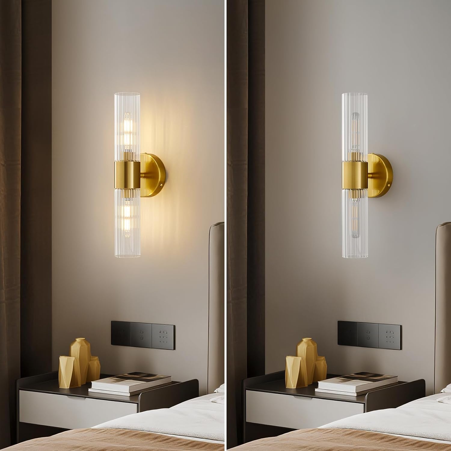 Wall Sconces Set of Two, Bathroom Light Fixtures 2-Light, Modern Vanity Light for Bathroom, Wall Light with Glass Rods Shades for Mirror Bedroom Hallway (Brushed Brass)