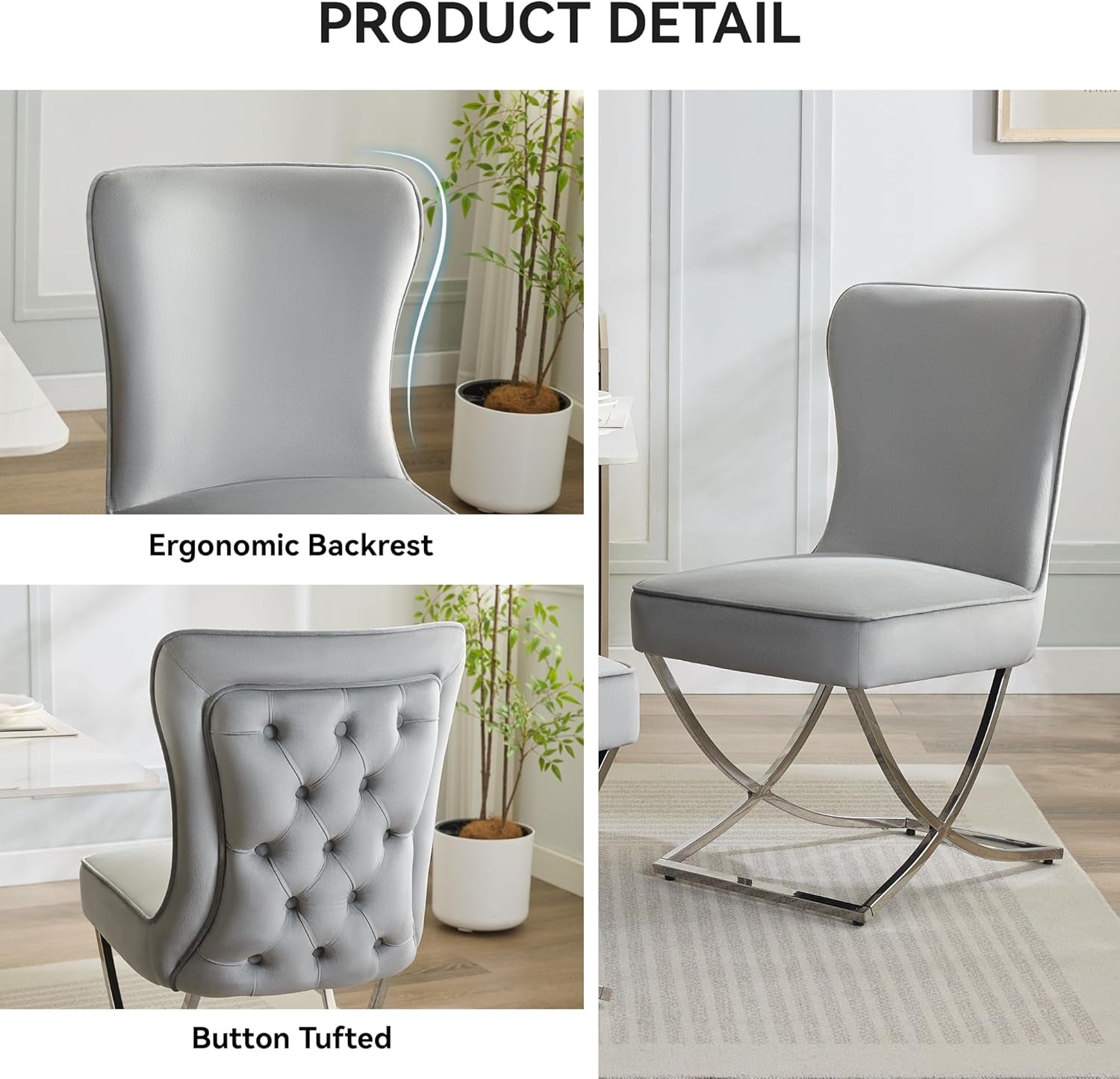 Elegant Light Grey Velvet Dining Chairs - Set of 2 with Stylish Silver X-Legs for Modern Glam Decor