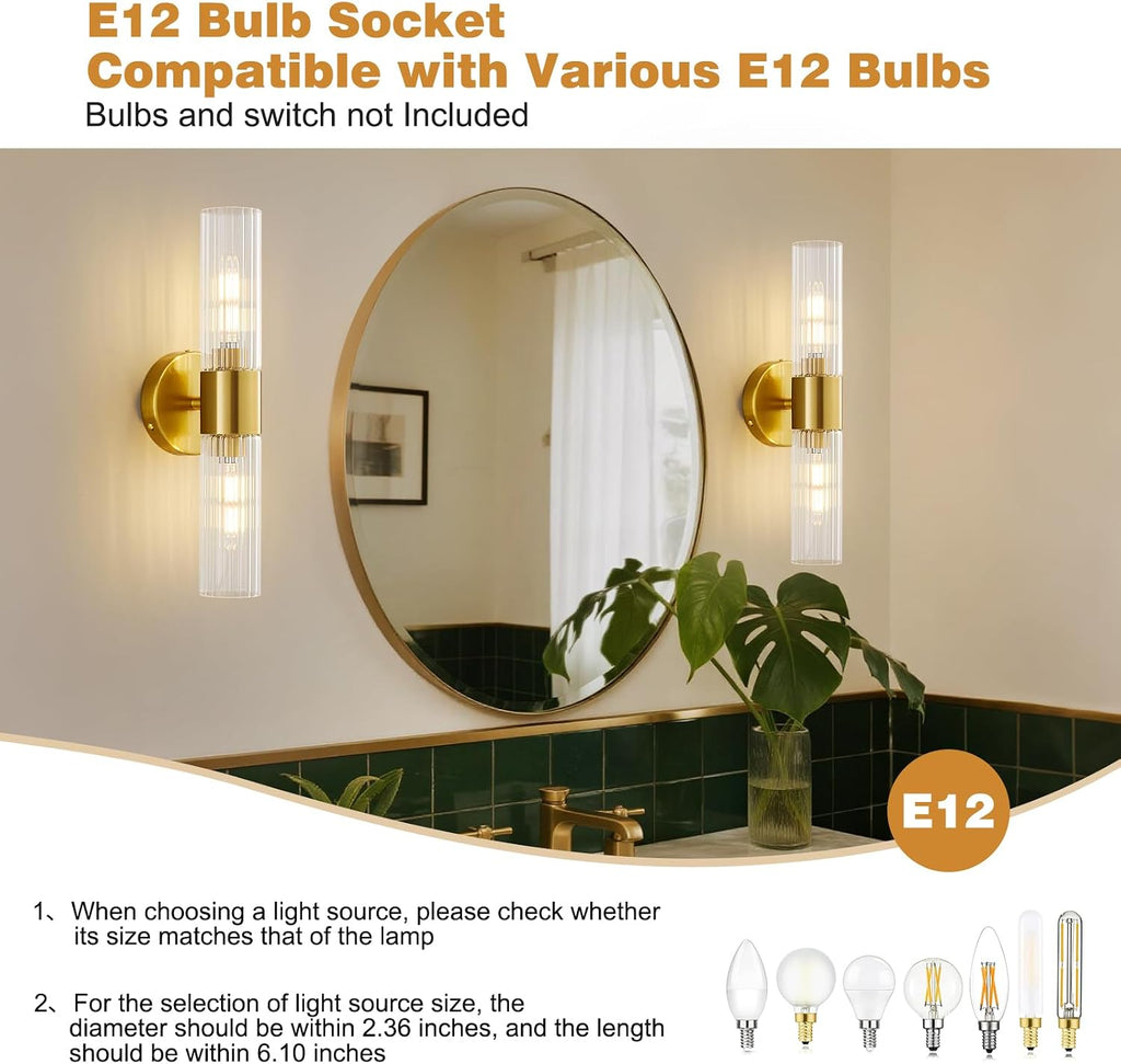 Wall Sconces Set of Two, Bathroom Light Fixtures 2-Light, Modern Vanity Light for Bathroom, Wall Light with Glass Rods Shades for Mirror Bedroom Hallway (Brushed Brass)
