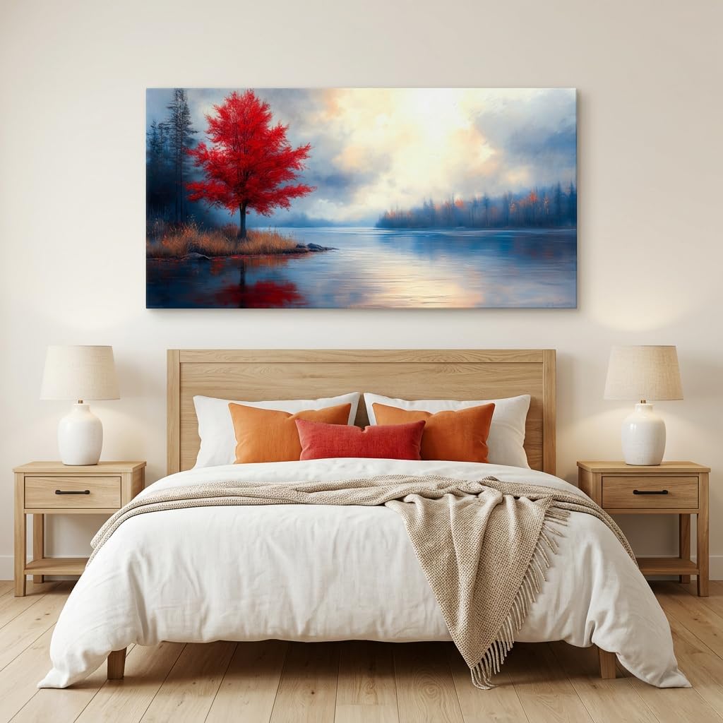 Stunning Lake Canvas Wall Art Featuring a Vibrant Red Maple Tree - Impressionist Oil Painting for Your Living Room, Bedroom, or Home Office (40" x 20")