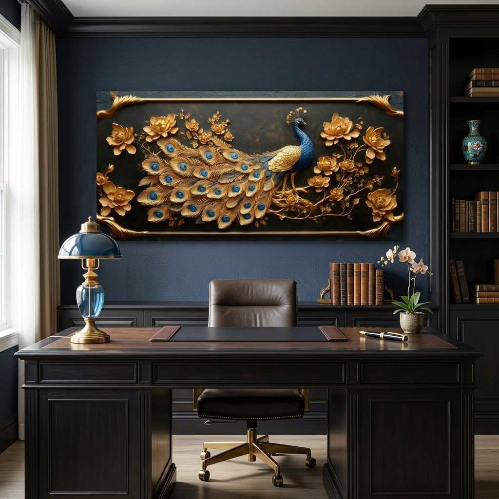Elegant Gold Country Peacock Wall Art - Stunning 40x20 Inches Canvas Painting for Living Room and Office Decor