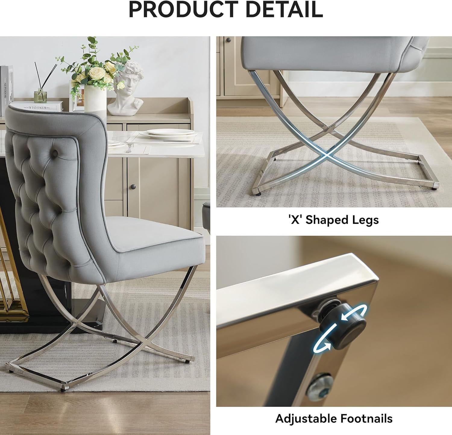 Elegant Light Grey Velvet Dining Chairs - Set of 2 with Stylish Silver X-Legs for Modern Glam Decor