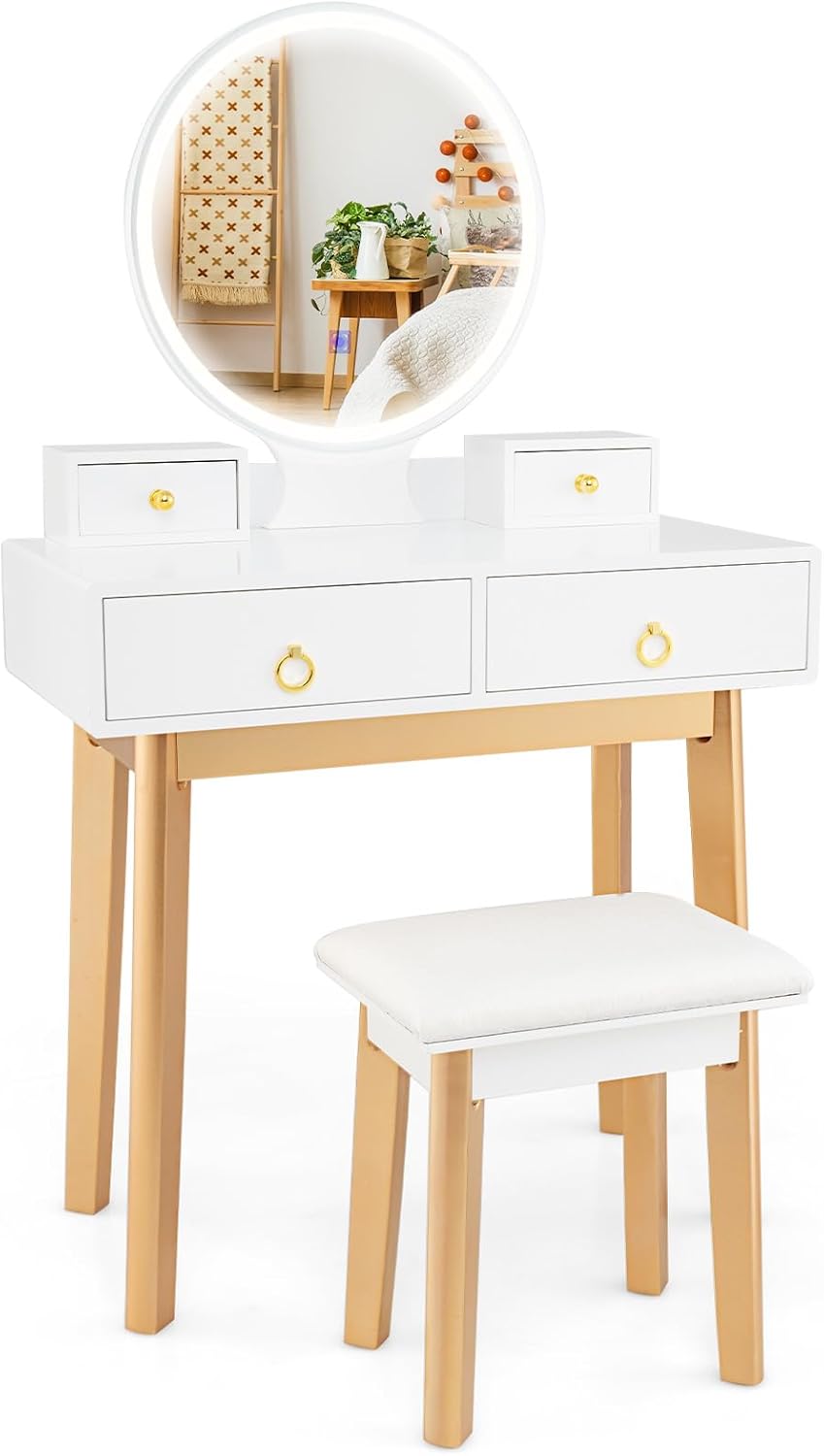 Glam Up Your Space: Elegant White Makeup Vanity Desk with LED Mirror & 4 Storage Drawers - Perfect for Girls' Bedrooms!