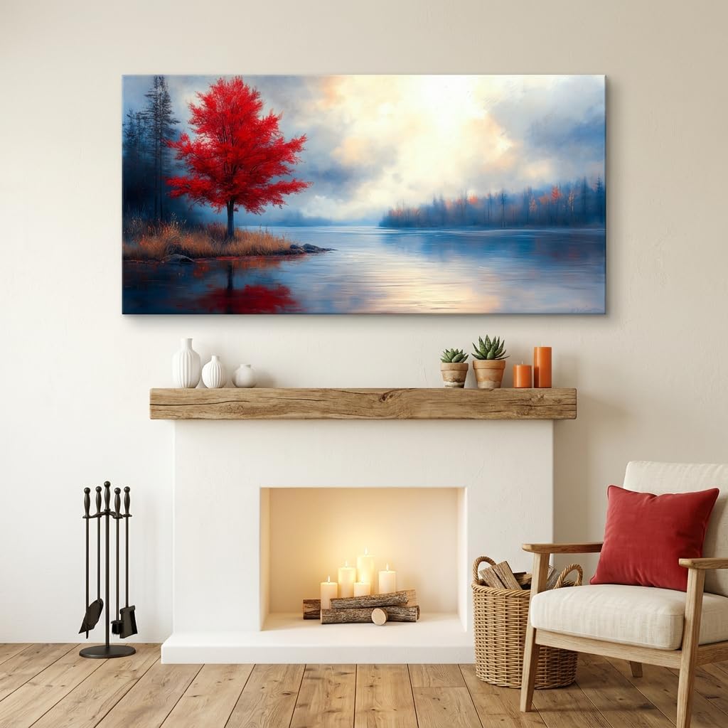Stunning Lake Canvas Wall Art Featuring a Vibrant Red Maple Tree - Impressionist Oil Painting for Your Living Room, Bedroom, or Home Office (40" x 20")