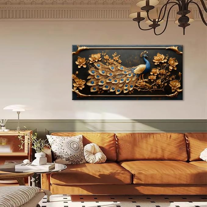 Elegant Gold Country Peacock Wall Art - Stunning 40x20 Inches Canvas Painting for Living Room and Office Decor