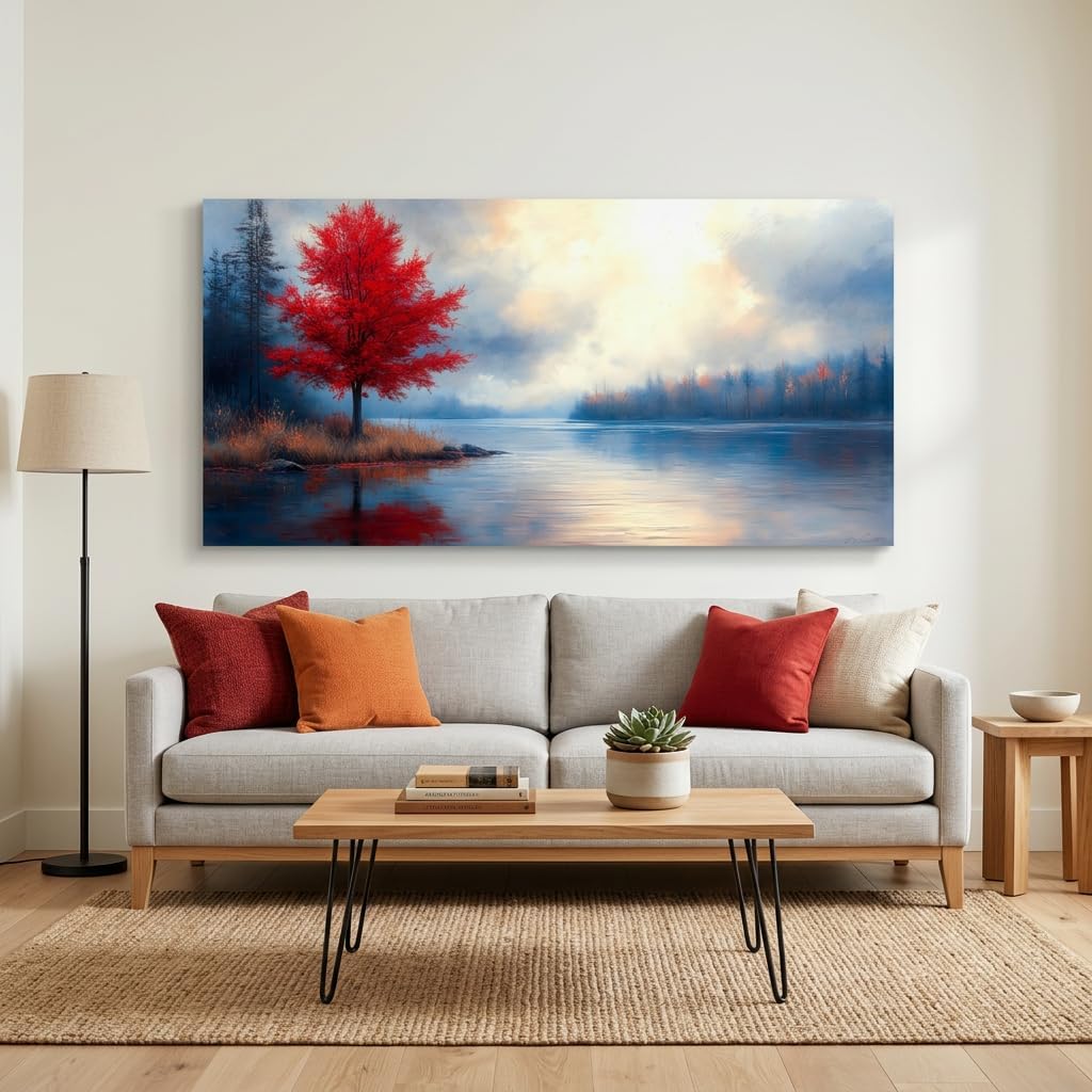 Stunning Lake Canvas Wall Art Featuring a Vibrant Red Maple Tree - Impressionist Oil Painting for Your Living Room, Bedroom, or Home Office (40" x 20")
