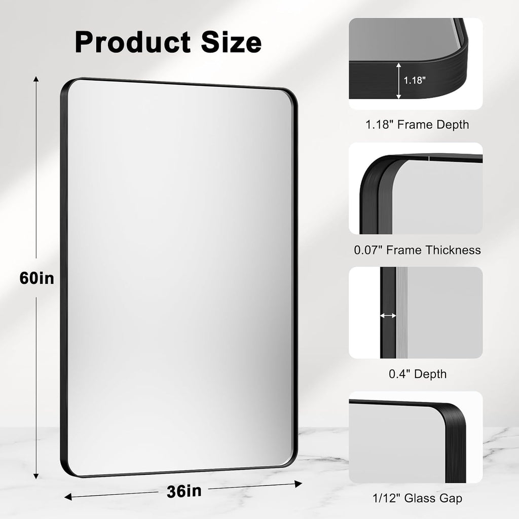 Sleek Black Metal Framed Bathroom Mirror - 60x36 Inch Modern Rectangular Vanity Mirror for Stylish Home Decor