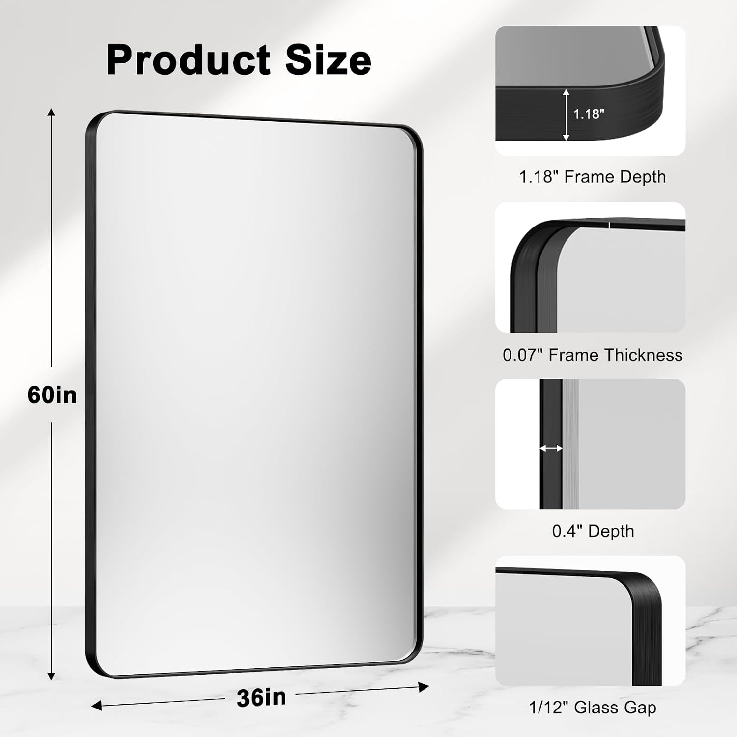 Sleek Black Metal Framed Bathroom Mirror - 60x36 Inch Modern Rectangular Vanity Mirror for Stylish Home Decor
