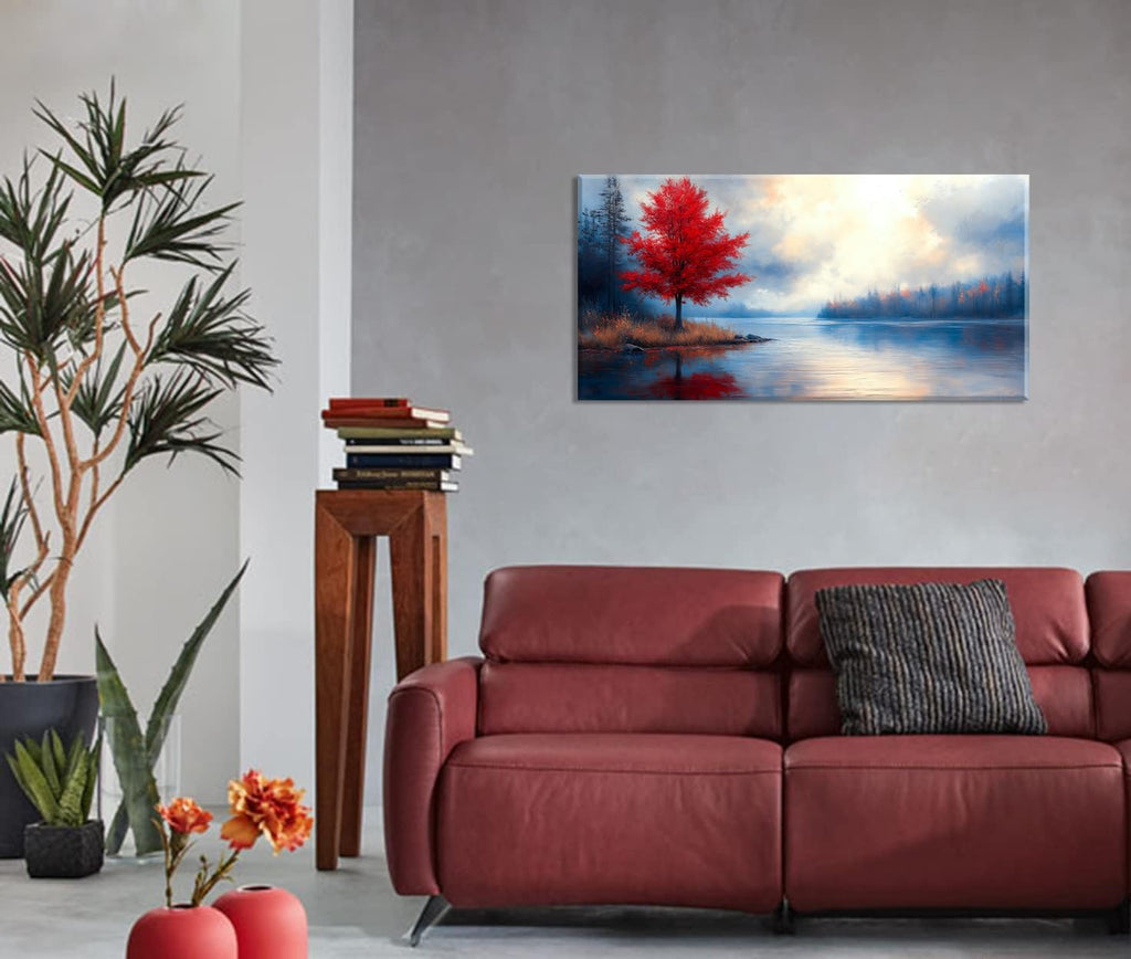 Stunning Lake Canvas Wall Art Featuring a Vibrant Red Maple Tree - Impressionist Oil Painting for Your Living Room, Bedroom, or Home Office (40" x 20")