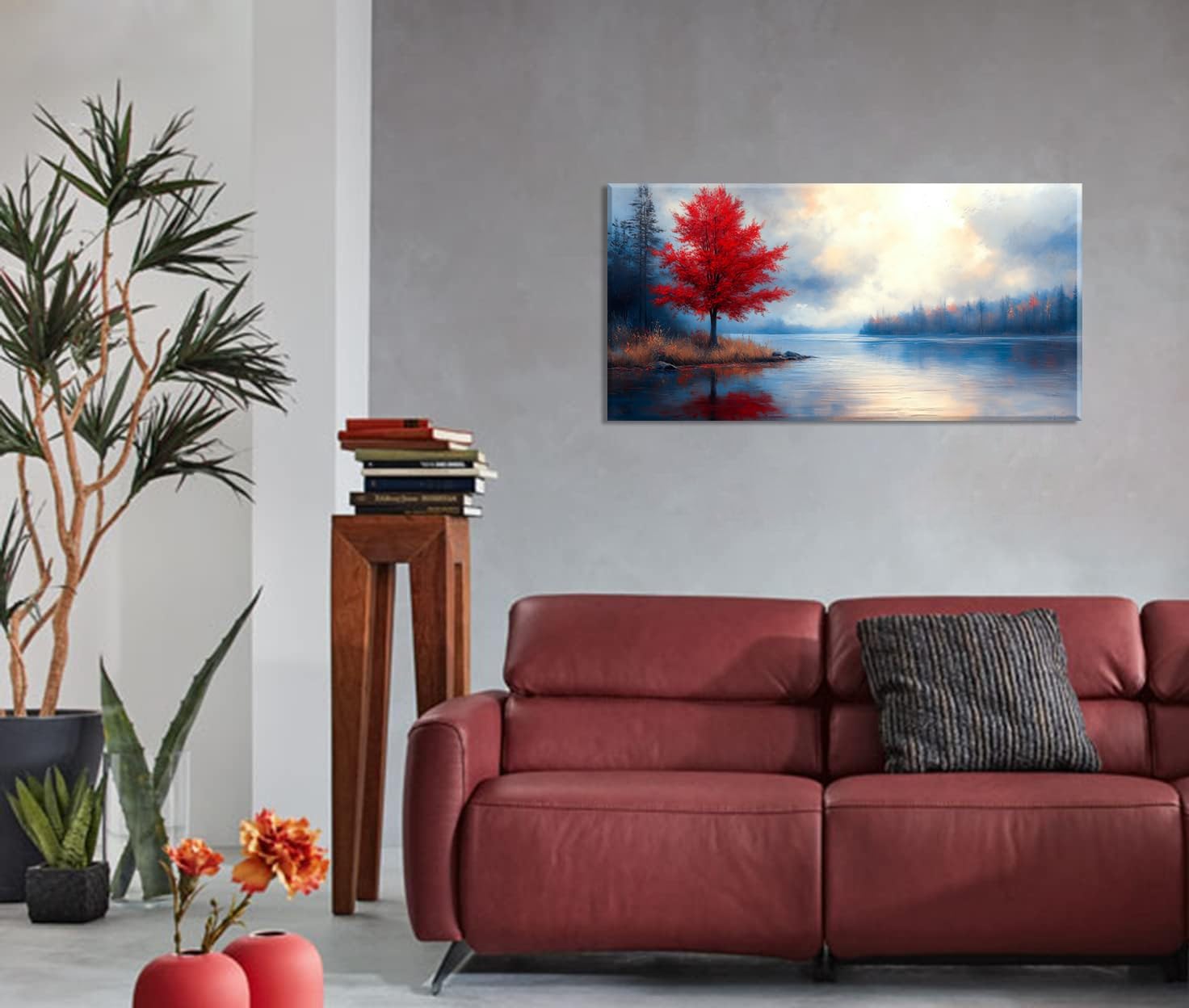 Stunning Lake Canvas Wall Art Featuring a Vibrant Red Maple Tree - Impressionist Oil Painting for Your Living Room, Bedroom, or Home Office (40" x 20")