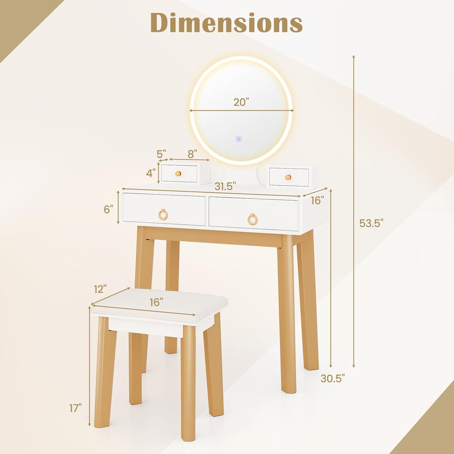 Glam Up Your Space: Elegant White Makeup Vanity Desk with LED Mirror & 4 Storage Drawers - Perfect for Girls' Bedrooms!