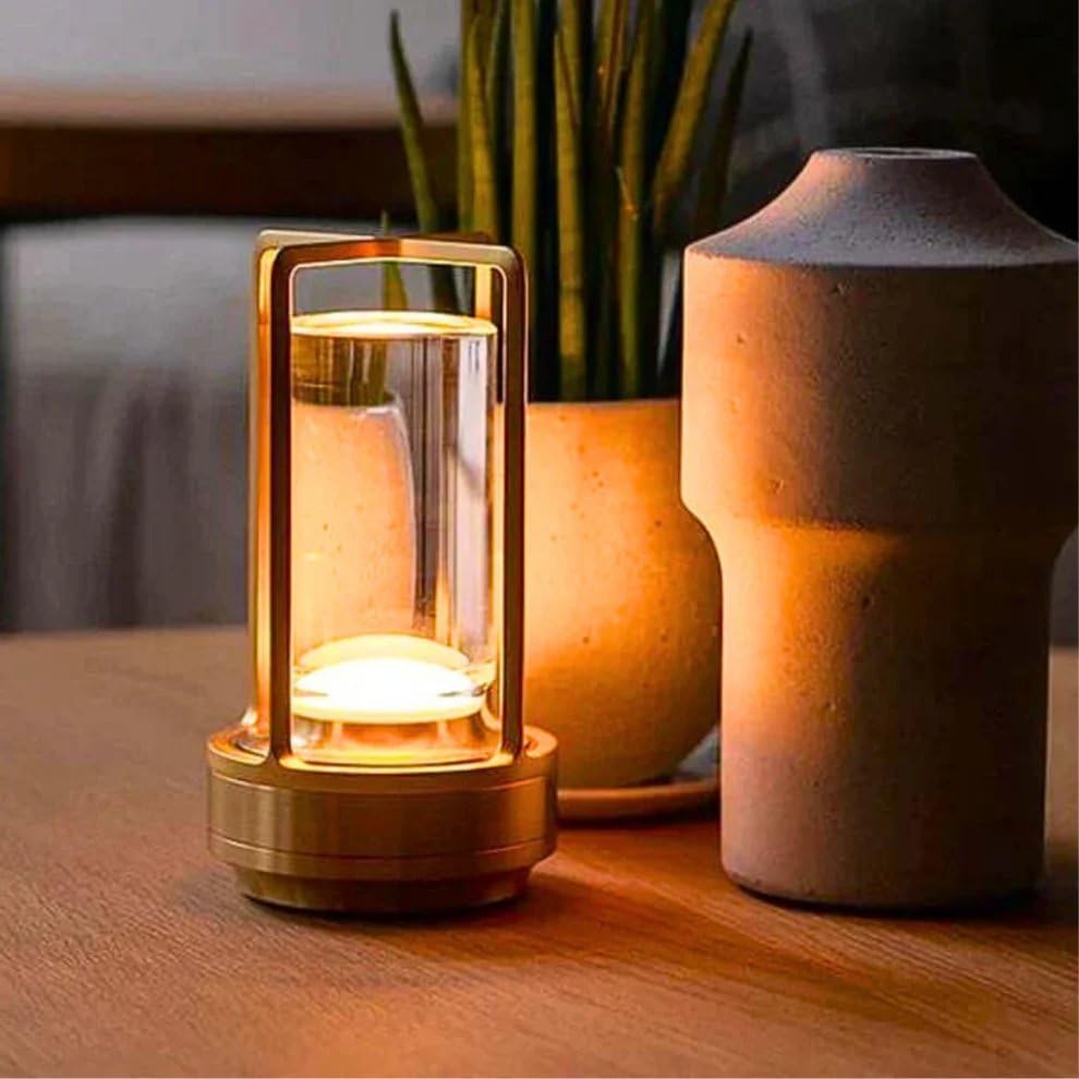 Klarako Crystal Lantern Lamp - Elegant Cordless Rechargeable Light for Bedside & Outdoor Use, Touch Control Dimmable Design - Luxury 2-Pack in Gold