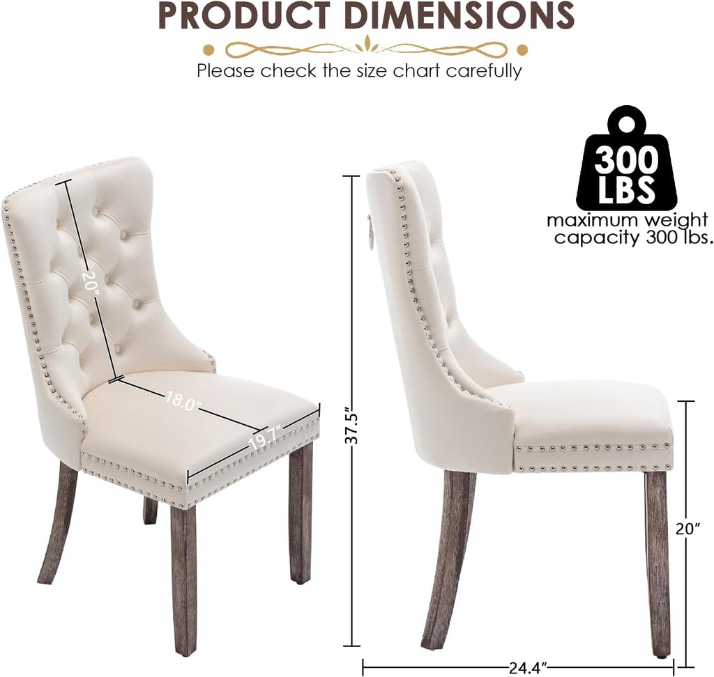 Elegant Velvet Dining Chairs Set of 4 - Luxurious Upholstered Kitchen & Dining Room Seating with High Wing Back, Nailhead Trim, and Stylish Metal Pull Ring in Beige