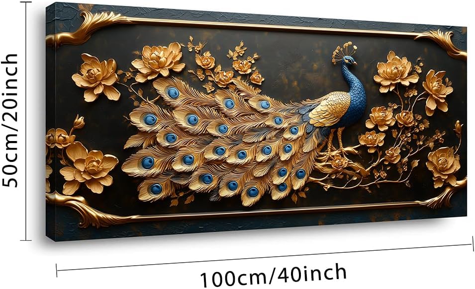 Elegant Gold Country Peacock Wall Art - Stunning 40x20 Inches Canvas Painting for Living Room and Office Decor