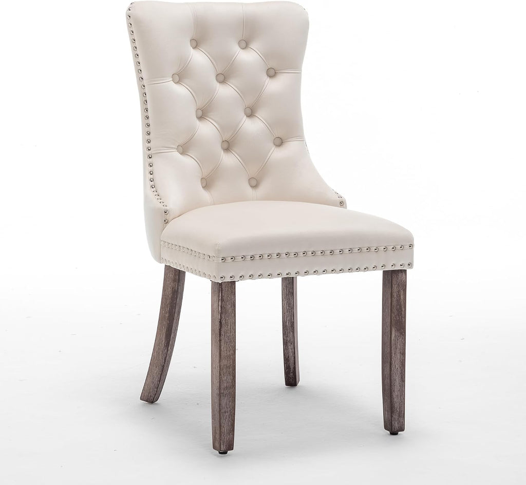 Elegant Velvet Dining Chairs Set of 4 - Luxurious Upholstered Kitchen & Dining Room Seating with High Wing Back, Nailhead Trim, and Stylish Metal Pull Ring in Beige
