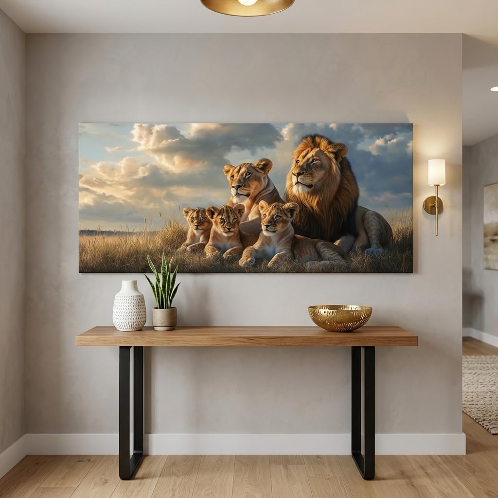 Stunning Blue Lion Family Canvas Wall Art - Vibrant Wildlife Print for Your Living Room, Bedroom, or Office Decor (40x20 Inches)