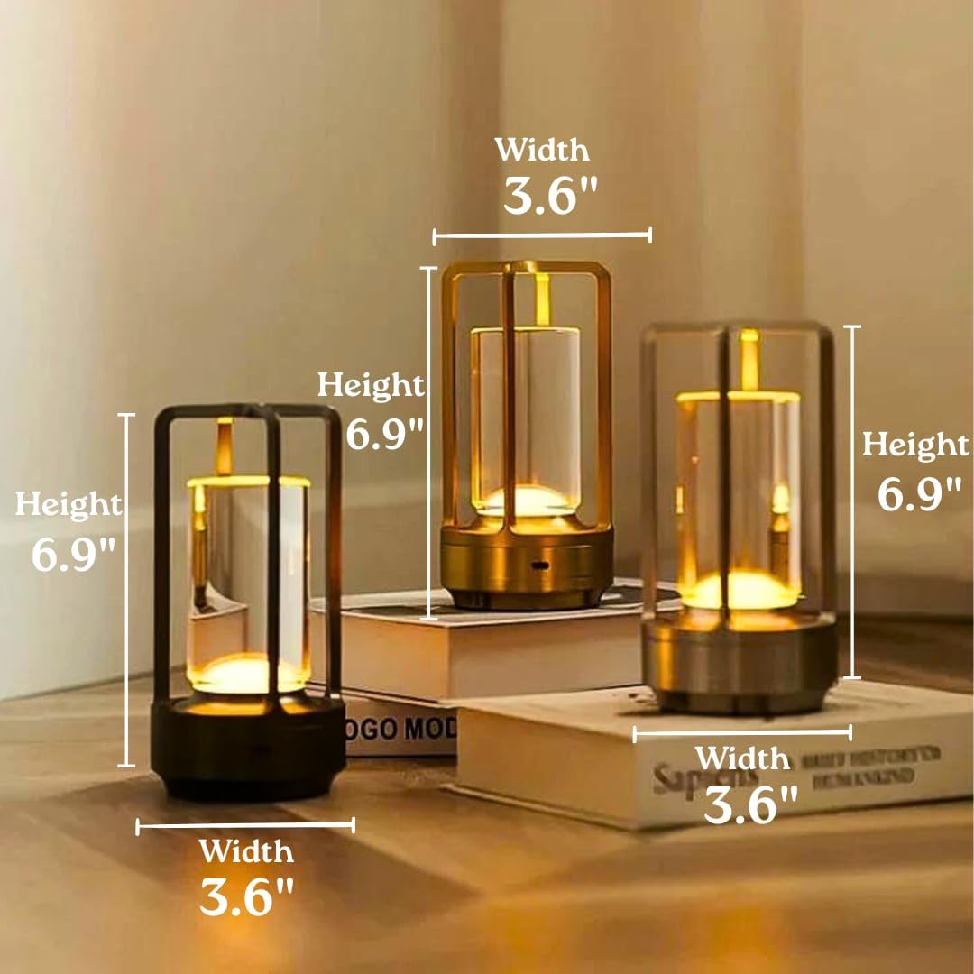 Klarako Crystal Lantern Lamp - Elegant Cordless Rechargeable Light for Bedside & Outdoor Use, Touch Control Dimmable Design - Luxury 2-Pack in Gold