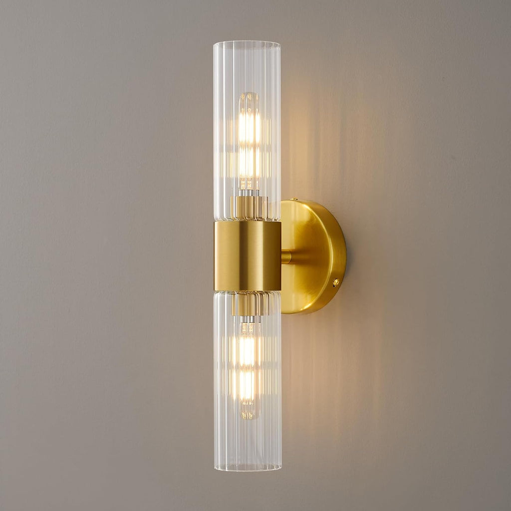 Wall Sconces Set of Two, Bathroom Light Fixtures 2-Light, Modern Vanity Light for Bathroom, Wall Light with Glass Rods Shades for Mirror Bedroom Hallway (Brushed Brass)